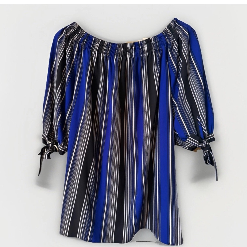 Nygard blue & black striped smocked neckline blouse